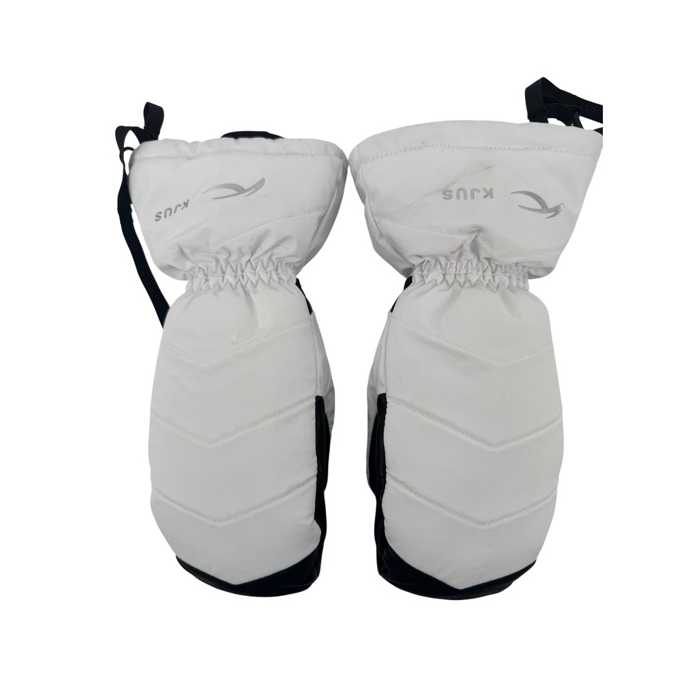 KJUS Ski Mittens Womens Medium White Black Leather Palm Quilted Winter Snow